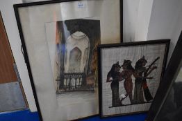 E.S. (20th century) an etching depicting Ely cathedral, indistinctly signed, 43 x 23cm, mounted