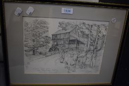 A framed and glazed print of Massachusetts farm scene.