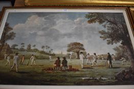(20th century), a re-print, cricket match, 46 x 73cm, framed, 56 x 83cm some cracking to right