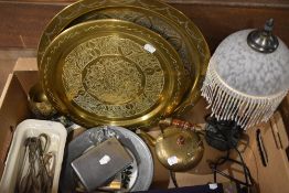 An assortment of items including two middle eastern brass trays, a boxed Royal Worcester 'Evesham'