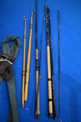 A Daiwa sensor carbon spin 6.05m, a Shakespeare strike 3.90m and a wooden boat rod.