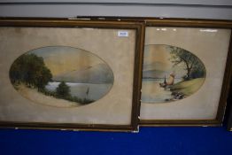 A Wright, a pair of 19th/20th century watercolours, oval, depicting Windermere Lake and Loch Ness,