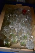 A box of assorted drinking glasses including cut glass wine, highball and whiskey tumblers etc