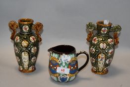 A pair of small Alhambrian vases with a Swiss Thoune pottery jug AF.
