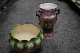 A large Victorian glass mantel vase with hand painted panel of siblings feeding having damage and