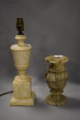 A vintage Marble lamp base with a similar Onyx turned vase.