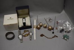 Costume jewellery including a Victorian pram style trinket, two hat pins and wristwatches.