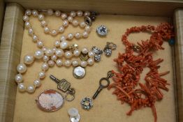 Costume jewellery including early 20th century red Coral necklace, pocket watch keys and cameo style