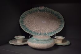 An Art Deco Wedgwood dressing table set, comprising trinket box, tray and two candlesticks, having