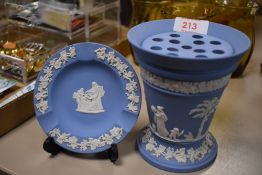 Two vintage pieces of Wedgwood Jasperware in a pale blue including small dish and a small rose bud