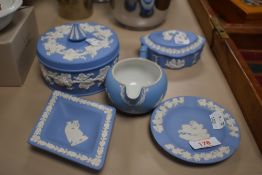Five pieces of 20th century Wedgwood pale blue Jasperware.
