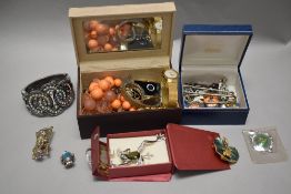 Costume jewellery including four frog themed brooches, watches and necklaces etc.