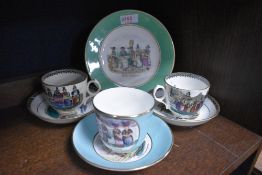 Three 19th century cups and saucers and a plate, each having hand tinted transfer pattern