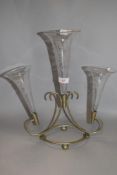 A late Victorian Epergne, cut and etched hand blown glass with floral design on three branches