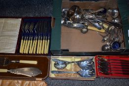 A selection of metalware etc including boxed Viners Splayds, ladels and serving wares.