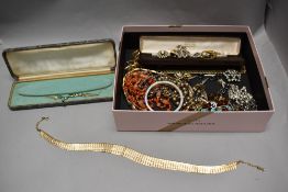 Costume jewellery including mother of pearl bracelet, yellow metal necklace and bangle etc.