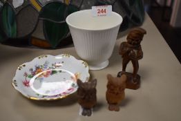 Three wooden carved figures of a Gnome and two owls with a Royal Crown Darby dish and Wedgwood
