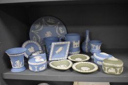A selection of 20th century Wedgwood Jasperware in pale blue and sage grounds.
