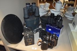 A selection of vintage cameras, binoculars and a star identifier 'A-N type 1, Hydrographic office'