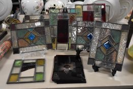 Seven small sized leaded light window panes 14cm x 19cm with six cut ruby glass window panes 11cm
