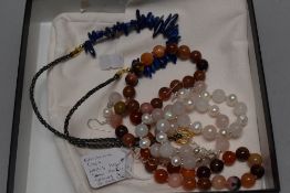 Three hand made necklaces including Lapis Lazuli, pearl and Rose quartz and multi agate bead