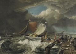 After John Cother Webb (1855-1927) coloured mezzotint engraving, returning home in stormy seas,