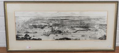 A facsimile copy of the Illustrated London News print 'Plymouth' a panoramic view, entitled and date