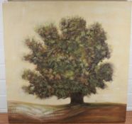 A large unframed oil on canvas, a lone autumnal oak tree, unsigned, unframed 80cm x 80cm