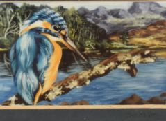 W. Holbe (contemporary) perched kingfisher within a lakeland landscape, believed to be a print,