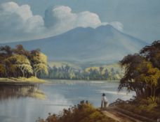 A 20th century oil on canvas, Lakeland scene with lone figure, mounted framed and glazed 32cm x 41cm