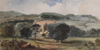 An early 20th century watercolour sketch, rural church scene, mounted and initialled A.E in pencil