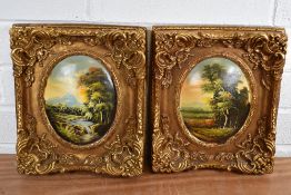 A pair of reproduction convex oval oil paintings, each within heavily moulded gilt frames 36cm x