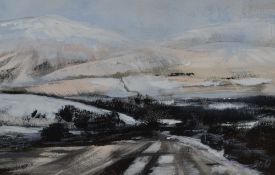 J.M.W (unknown contemporary) mixed media modern impressionist Lakeland winter landscape, appears