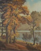 David Walsey (British 20th century)oil on canvas, autumnal woodland and river, signed, 90 x 70cm,