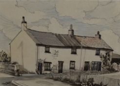 Simon Davis (local 20th/21st century) ink and watercolour wash, entitled 'fishermen's Cottages,