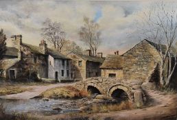 J.G Smith (contemporary) oil on canvas, autumnal hamlet with stream and ford, signed and dated
