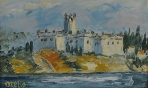 Detoni Otello (Italian, Contemporary) oil on board, Scaliger Castle, Malcesine, Italy, signed