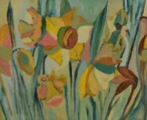 D.R Paget (20th century) oil on board, a vibrant depiction of daffodils, entitled 'Spring' verso,