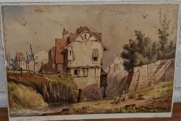 W.E.H (19th century unknown) watercolours, a figure resting beside a waterway and buildings,