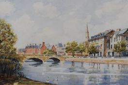 Cyril Pilgrim (British 1920-2013) watercolours, river scene with bridge, Swan Hotel and church