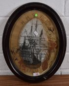 A monochrome print 'HMS Victory' the mount later sprayed with gold paint and mounted with flowers,