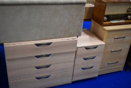 Three laminate bedroom chests and a dralon ottoman