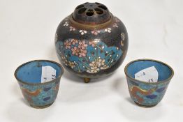 A pair of antique Chinese cloisonne bowls in blue enamel decorated with dragons and similar three