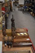 A selection of African and Ethnic wooden carved figures and wooden boxes.