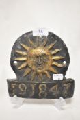 A lead fire mark insurance plaque, The Sun Fire Office (London 1710-1959), heightened in gilt,