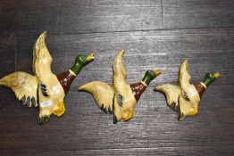 A set of vintage plaster cast graduated mallard duck wall plaques one having damage to beak.