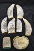 A selection of replica marine scrimshaw styled items including coasters and tobacco jar.