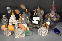 A selection of vintage atomiser, scent and perfume bottles including lustre glass, Avon and