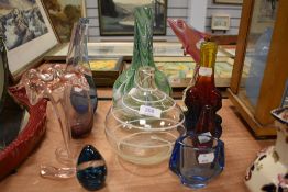 A selection of studio art glass including a Heron style Dolphin study, A pink flower form vase etc.