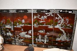 A set of four modern Chinese panels depicting a working landscape of farmers and villagers in